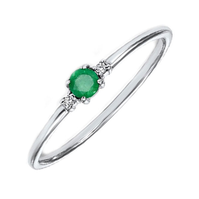 14Kt White Gold Diamond 1/50Ctw & Emerald 1/10Ctw Ring