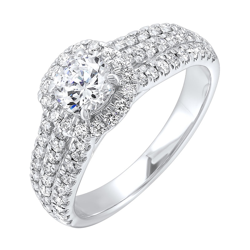 Tell your unique love story with this beautiful cushion halo engagement ring. Ring shank is split into three rows of diamonds,  making this halo engagement ring sparkle even brighter.
