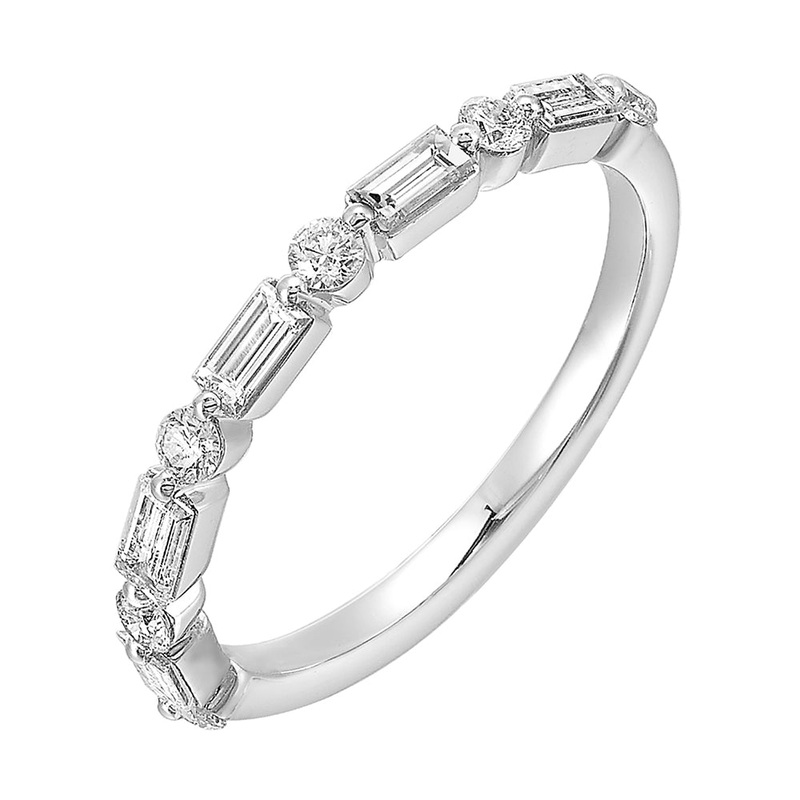This stylish band features shimmering diamond baguettes alternating with round diamonds for an eye catching look.