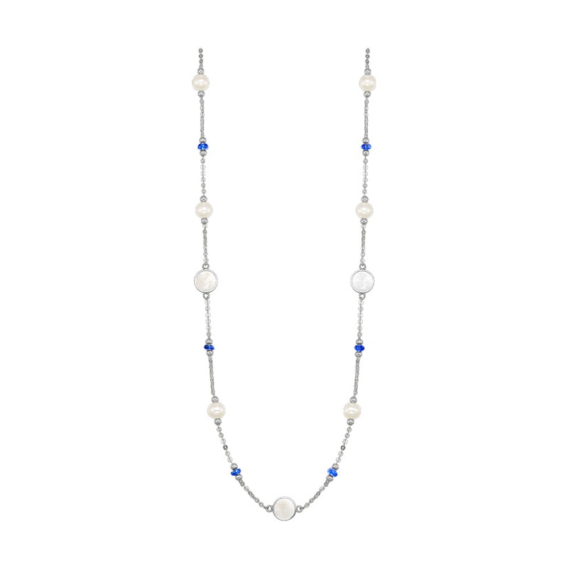 10Kt White Gold & Pearl-Sapphire 2 3/8Ctw Necklace