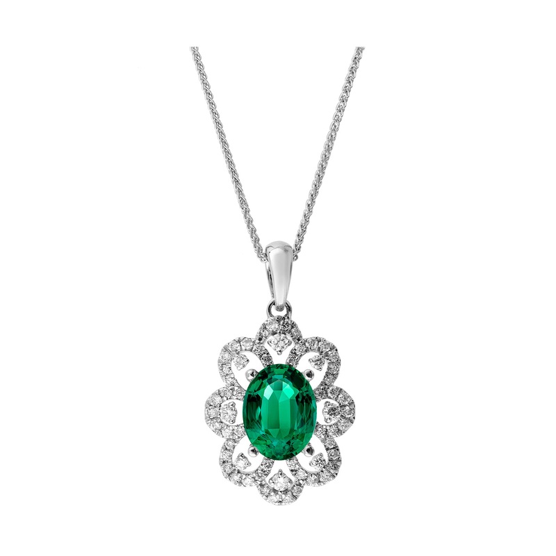 14Kt White Gold Diamond 1/3Ctw & Emerald 1Ctw Pendant