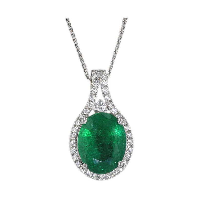 14Kt White Gold Diamond 1/5Ctw & Emerald 2 1/2Ctw Pendant