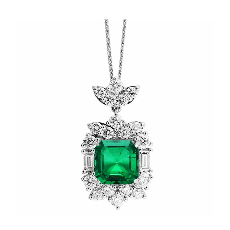 14Kt White Gold Diamond 1 7/8Ctw & Emerald 4 1/2Ctw Pendant