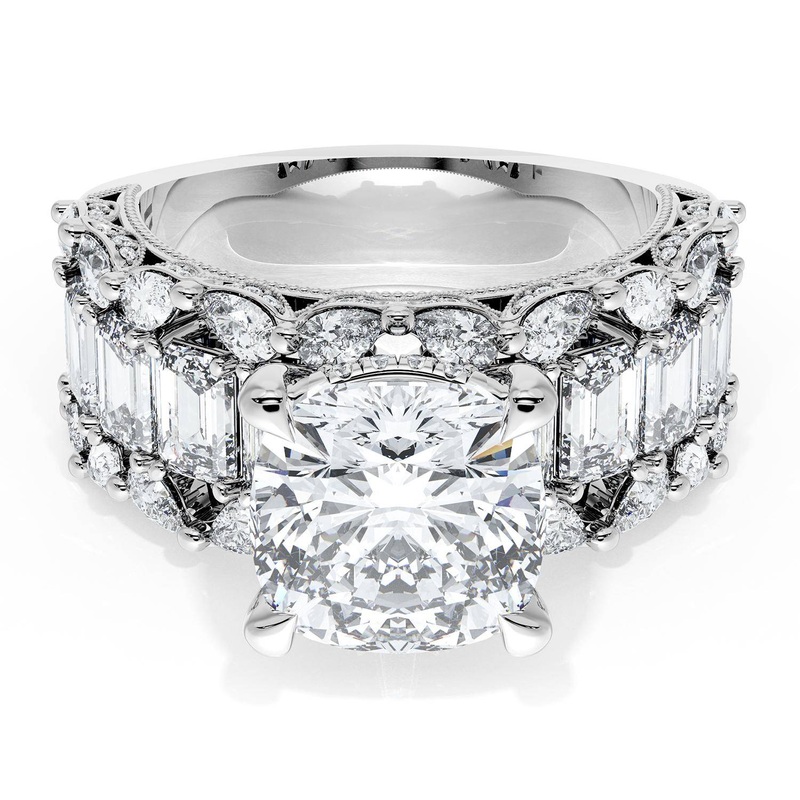 Cushion Solitaire Engagement Ring w/ Emerald & Pear Band