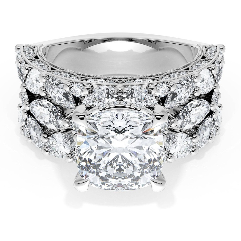 Cushion Solitaire Engagement Ring w/ Marquise & Pear Band