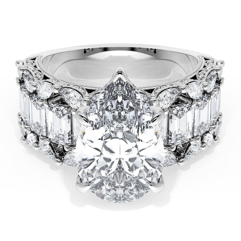 Pear Solitaire Engagement Ring w/ Emerald & Pear Band