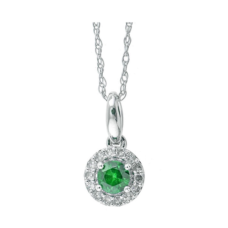 10Kt White Gold Diamond 1/12Ctw & Emerald 1/5Ctw Pendant