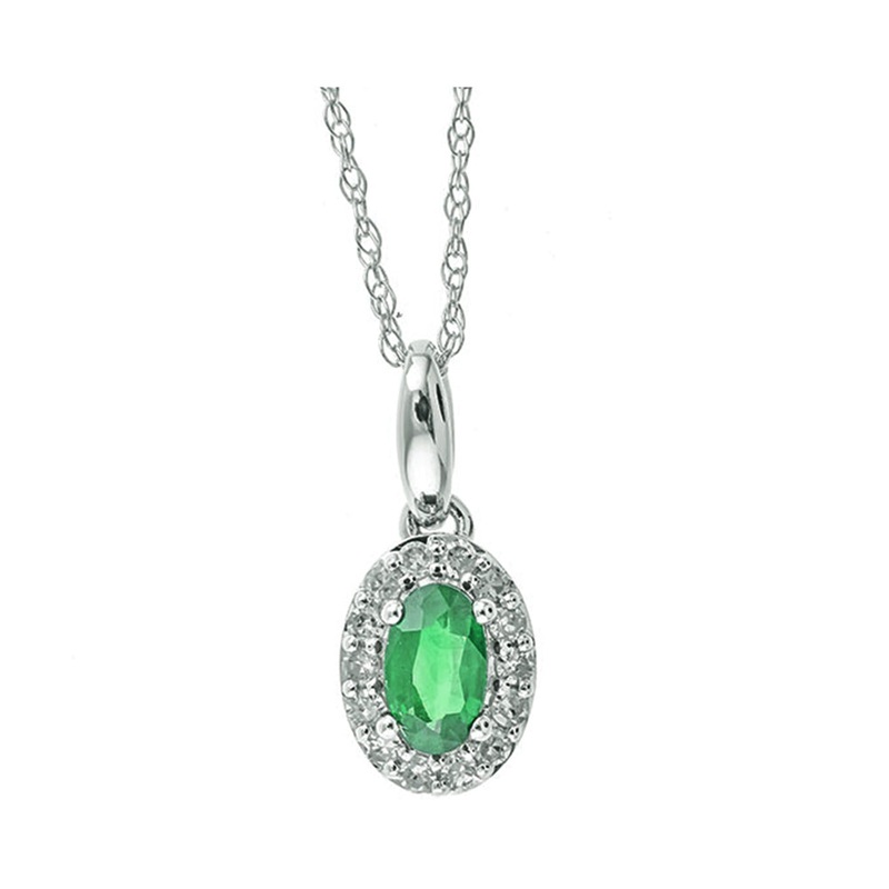 10Kt White Gold Diamond 1/8Ctw & Emerald 1/3Ctw Pendant