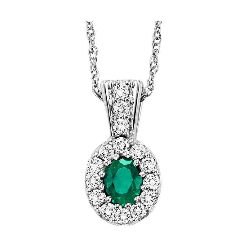 14Kt White Gold Diamond 1/7Ctw & Emerald 1/5Ctw Pendant