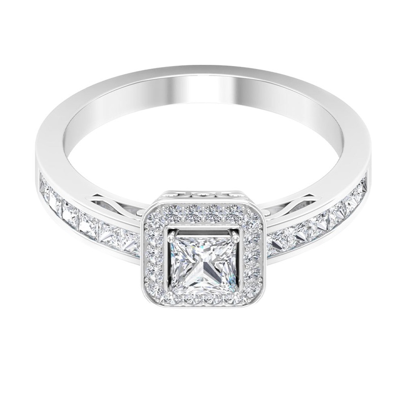1.25 Ct Halo Solitaire Ring with Princess Cut Diamond Side Stone