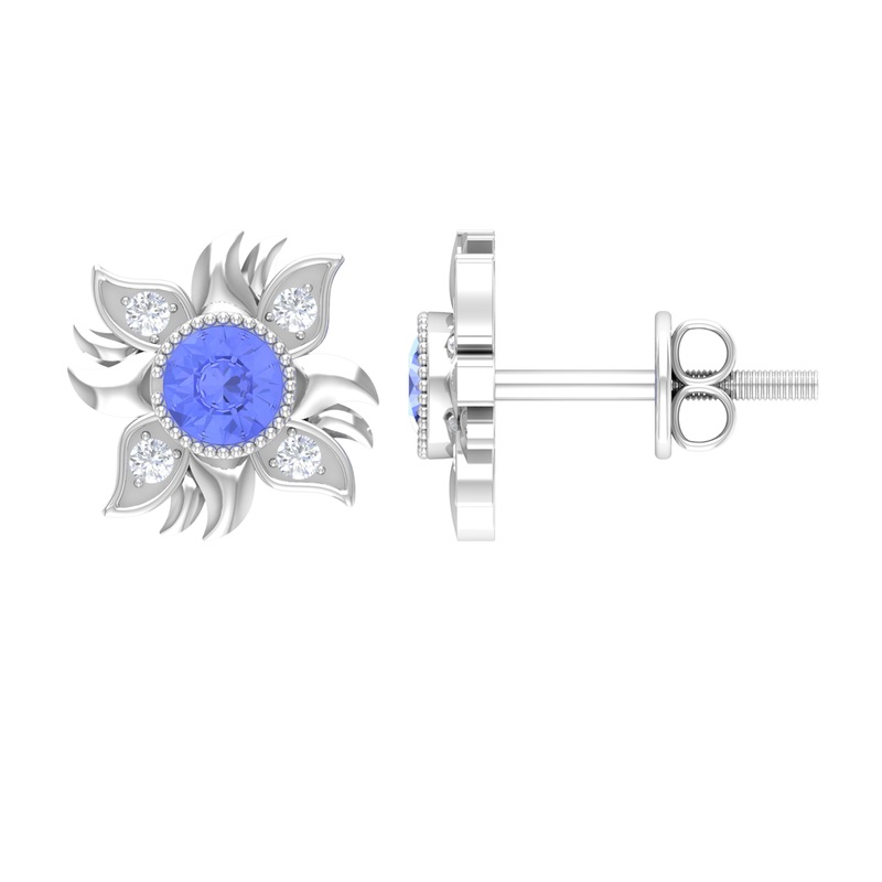 Round Shape Tanzanite and Diamond Sunburst Stud Earrings