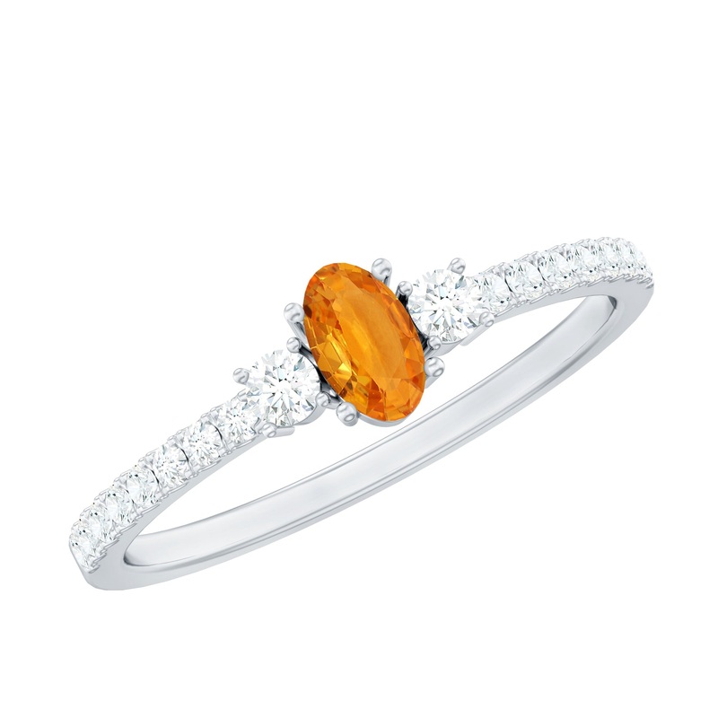 Oval Shape Orange Sapphire Promise Ring with Diamond Side Stone