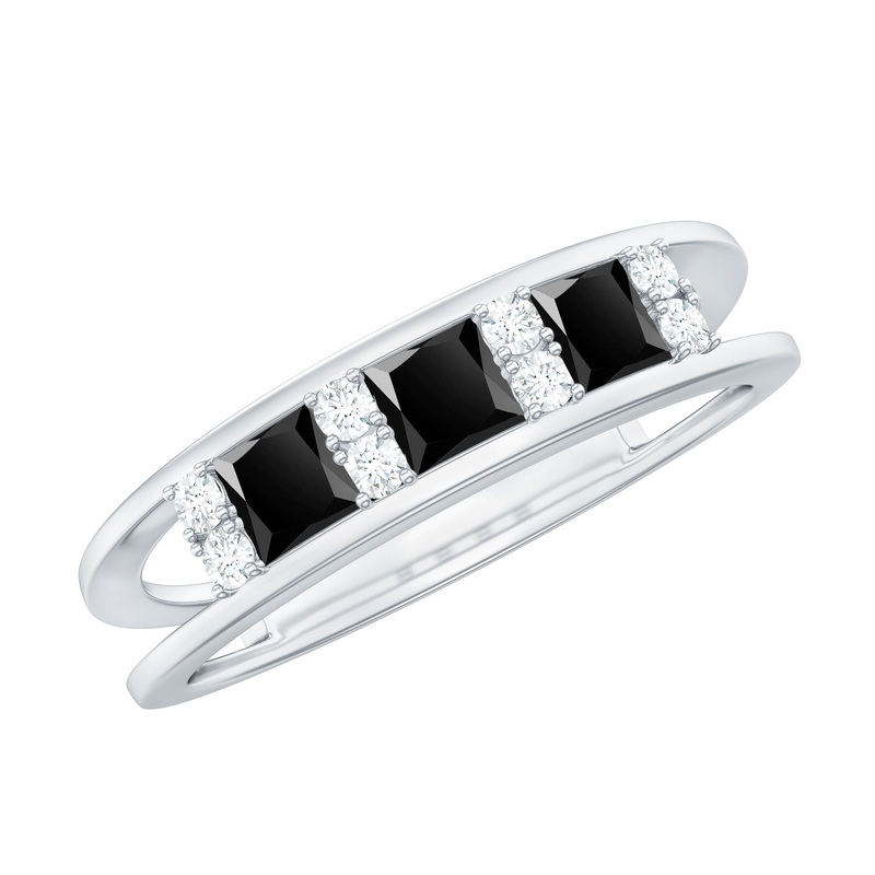 Princess Cut Lab Created Black Diamond Band Ring with Diamond