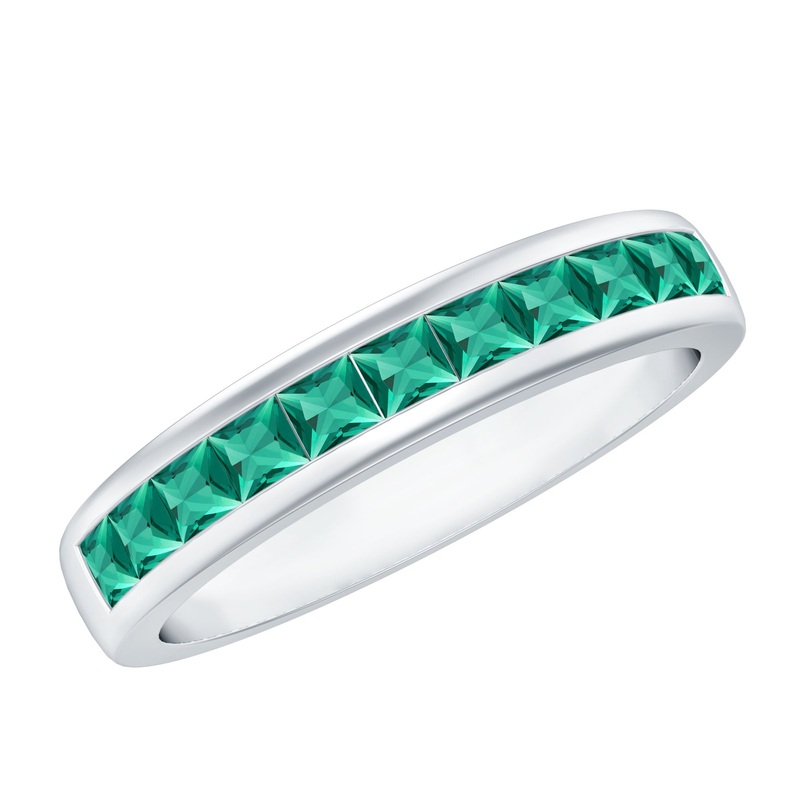 Princess Cut Lab Grown Emerald Half Eternity Band Ring