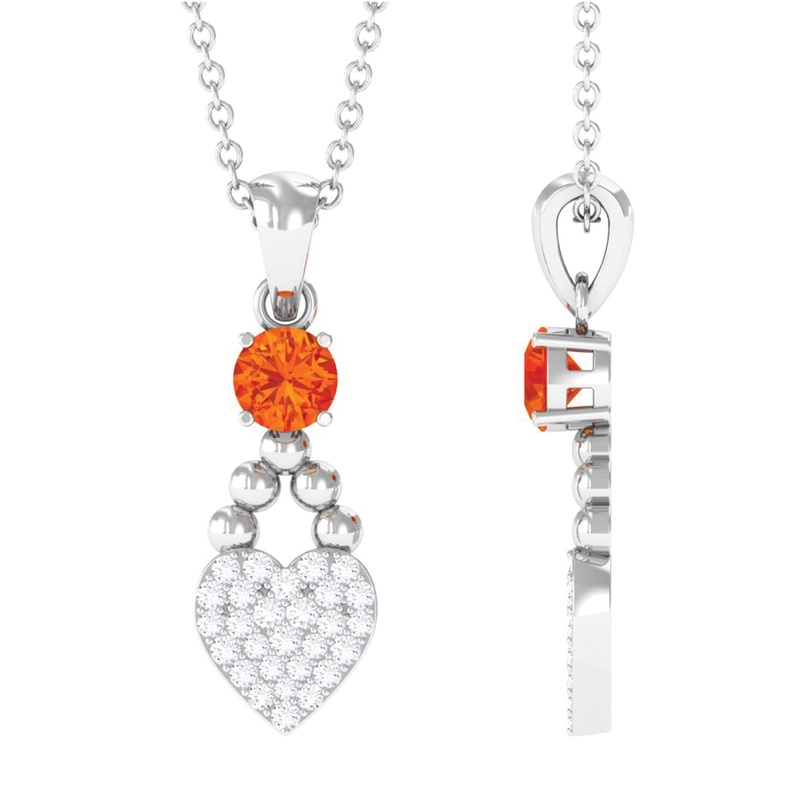 Round Orange Sapphire and Diamond Heart Drop Pendant