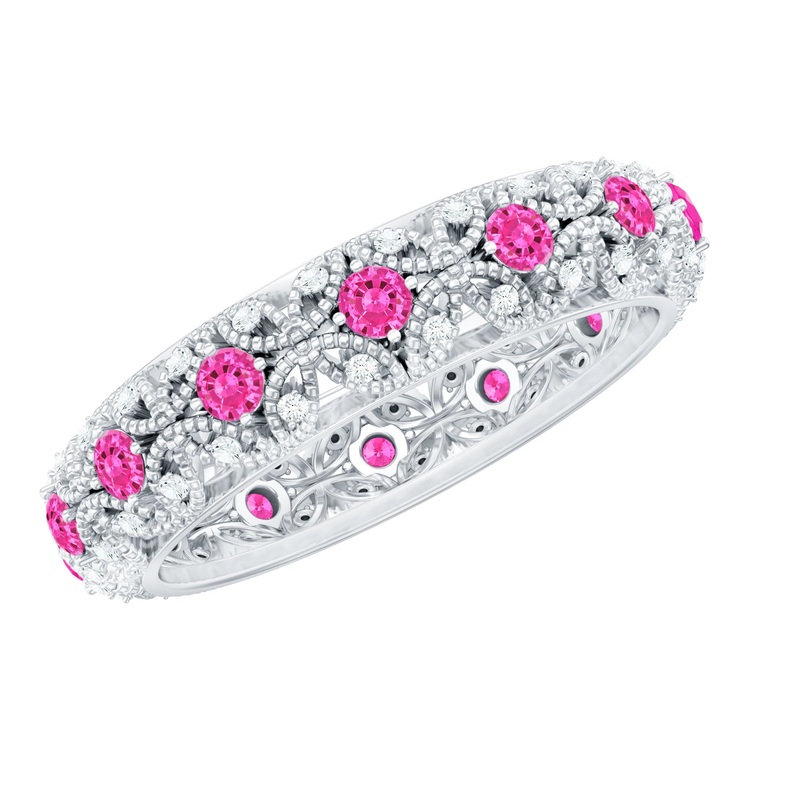 Vintage Inspired Lab Grown Pink Sapphire and Diamond Wedding Band
