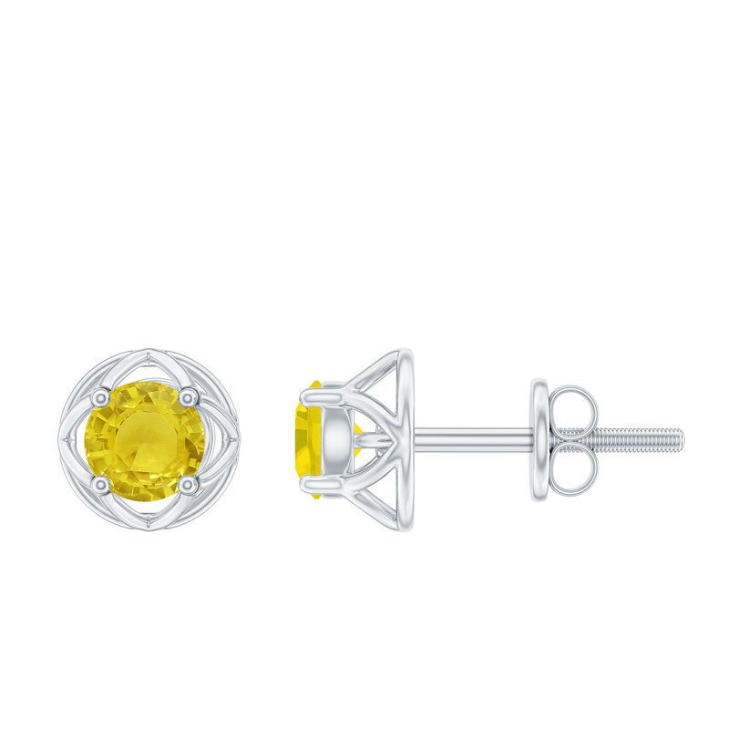 Round Shape Solitaire Yellow Sapphire Flower Stud Earrings