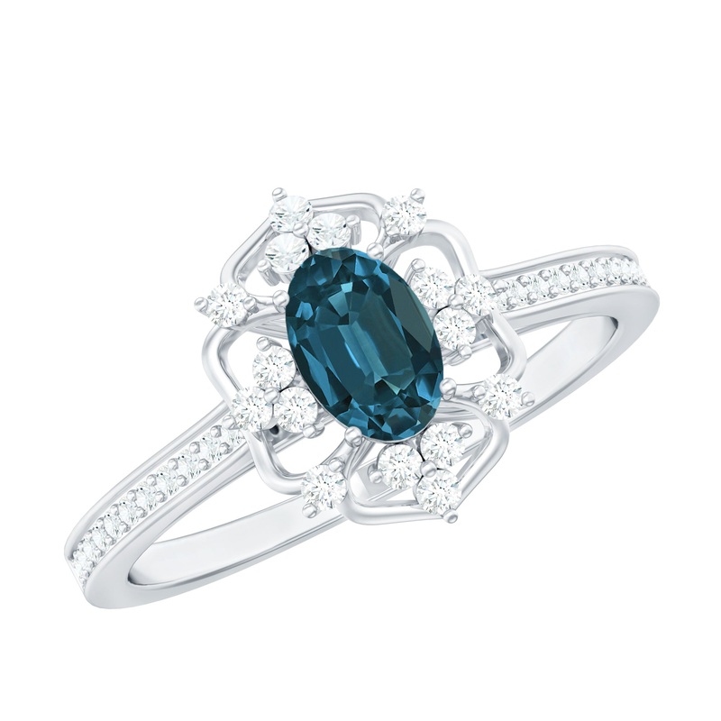 Vintage Style London Blue Topaz and Diamond Flower Engagement Ring