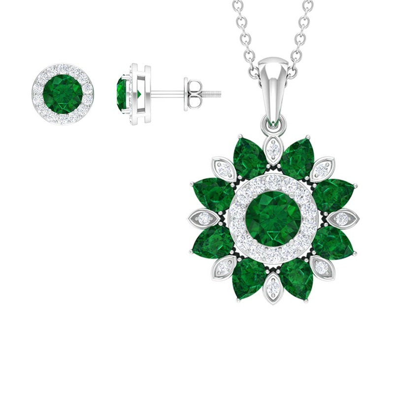 Created Emerald and Moissanite Flower Statement Jewelry Set in Gold