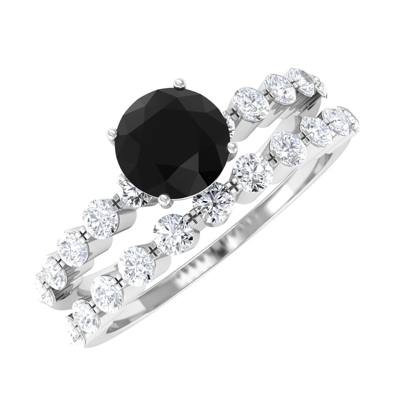 1.25 CT Minimal Black Onyx and Diamond Bridal Ring Set in Gold
