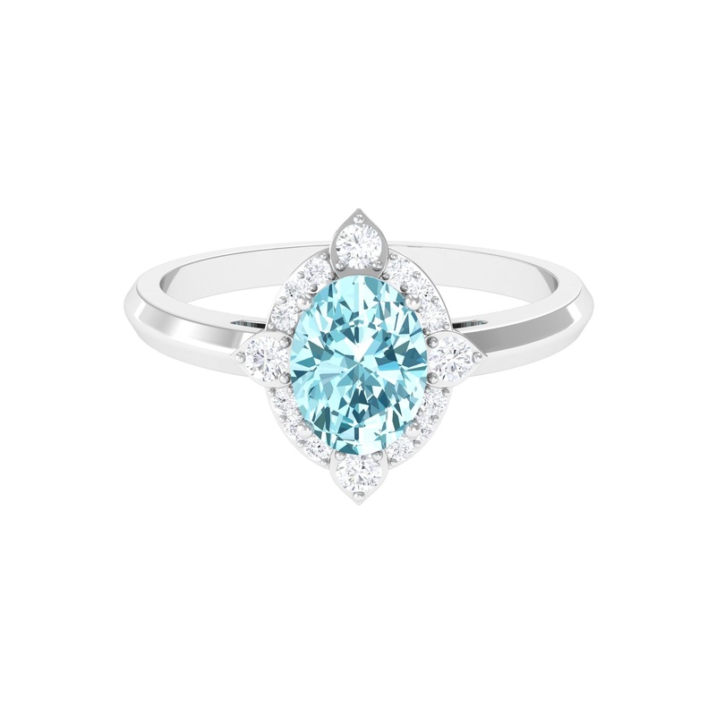 1.50 CT Art Deco Engagement Ring with Oval Shape Aquamarine and Diamond Accent