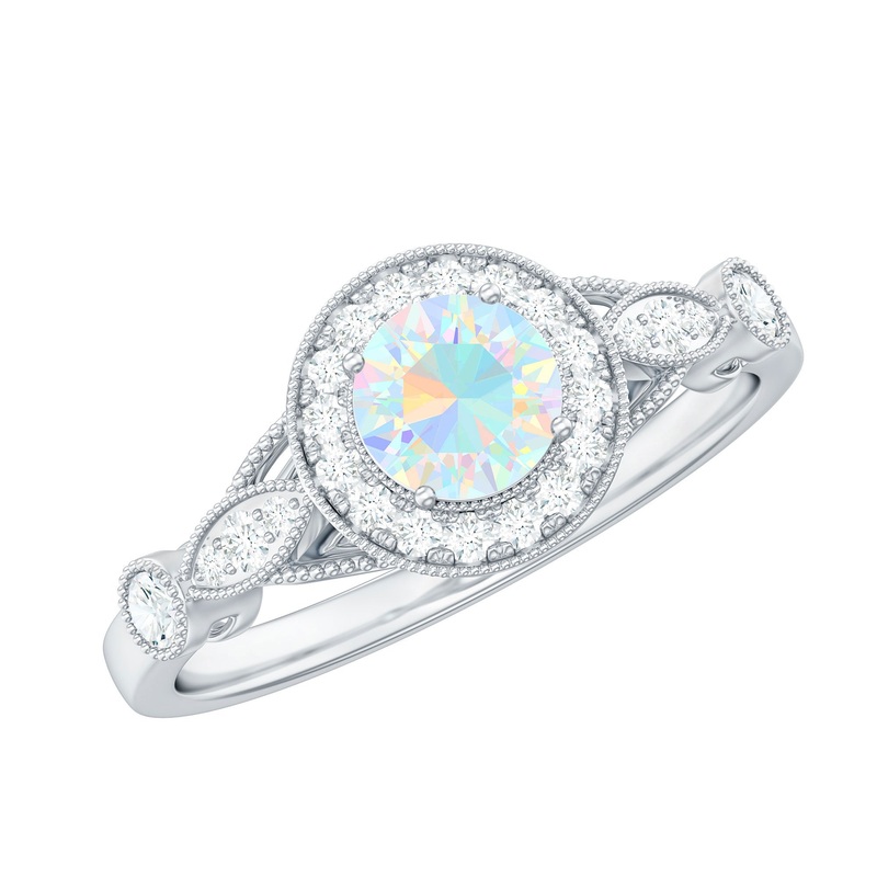 1 CT Antique Ethiopian Opal and Diamond Engagement Ring with Milgrain Details