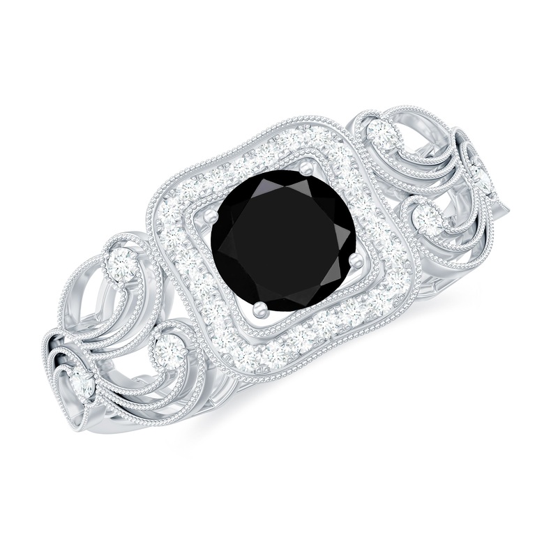 Real Black Spinel Vintage Style Engagement Ring with Diamond