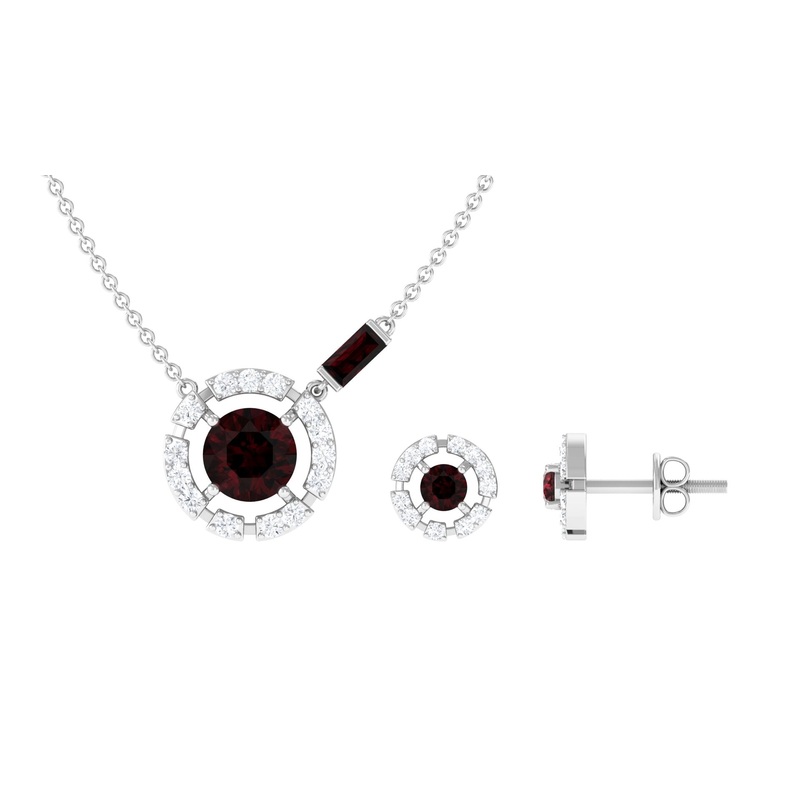 Real Garnet Pendant Necklace and Earrings Set With Diamond
