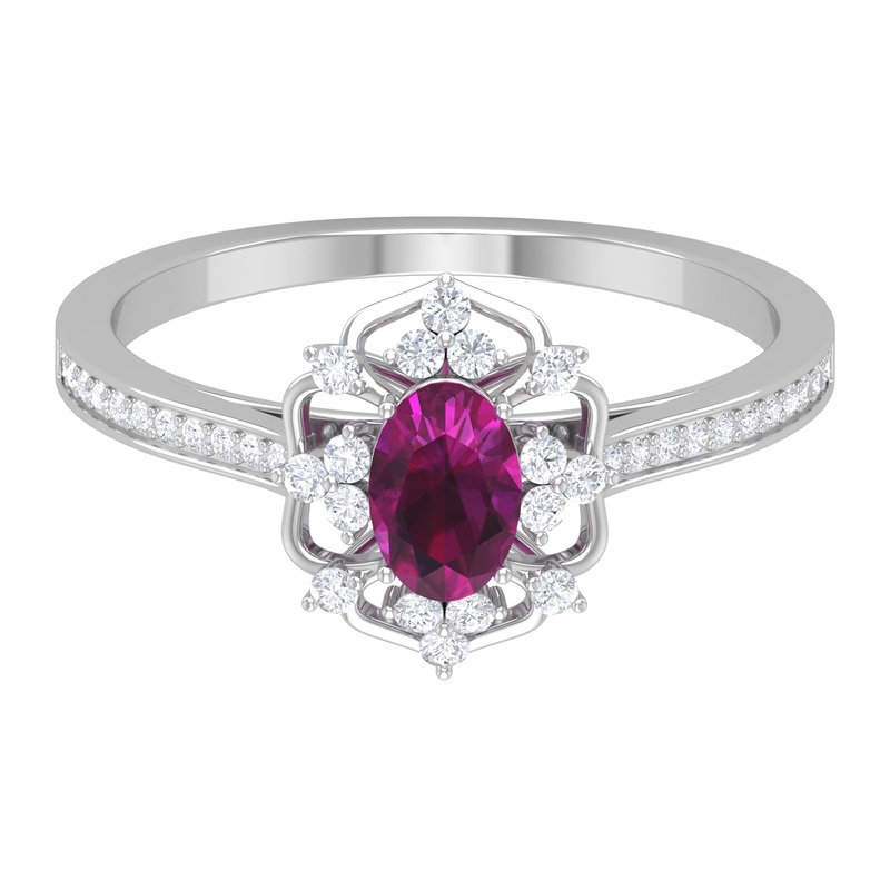 Vintage Style Rhodolite and Diamond Flower Engagement Ring