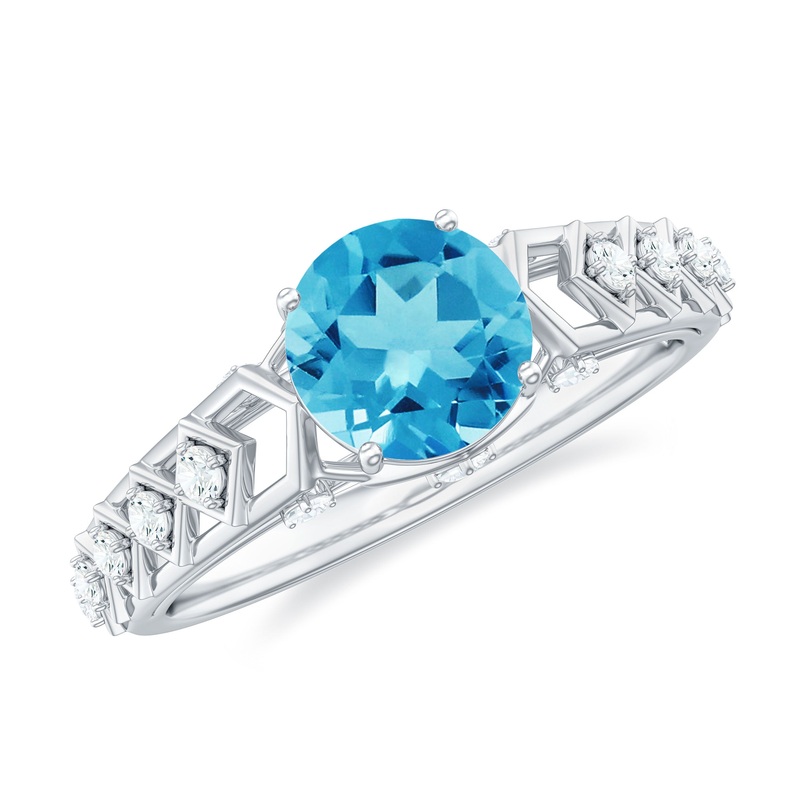1.25 CT Round Swiss Blue Topaz Vintage Ring with Diamond Accent