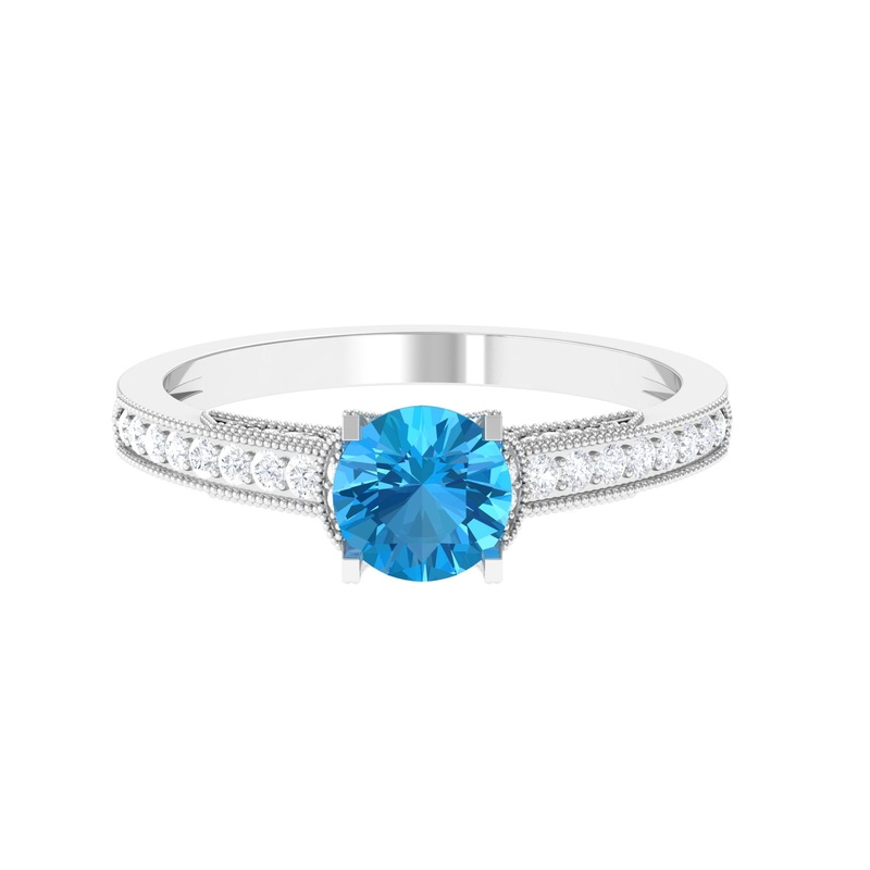 1.25 CT Swiss Blue Topaz and Diamond Side Stone Engagement Ring