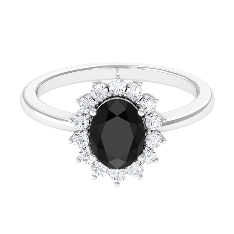 1.5 CT Princess Diana Inspired Oval Black Onyx Engagement Ring Diamond Halo