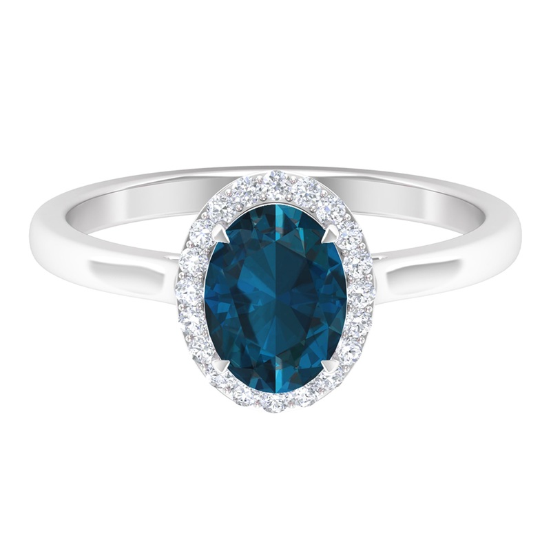 1.50 CT Oval Shape London Blue Topaz Engagement Ring with Diamond Halo