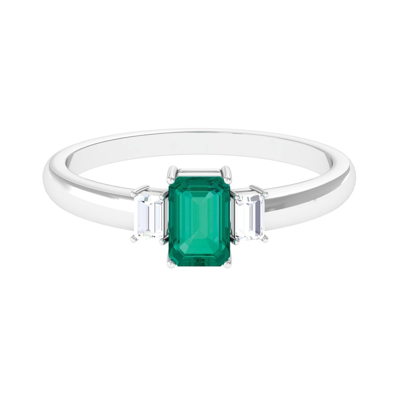 1 CT Octagon shape Emerald and Diamond Three Stone Promise Ring