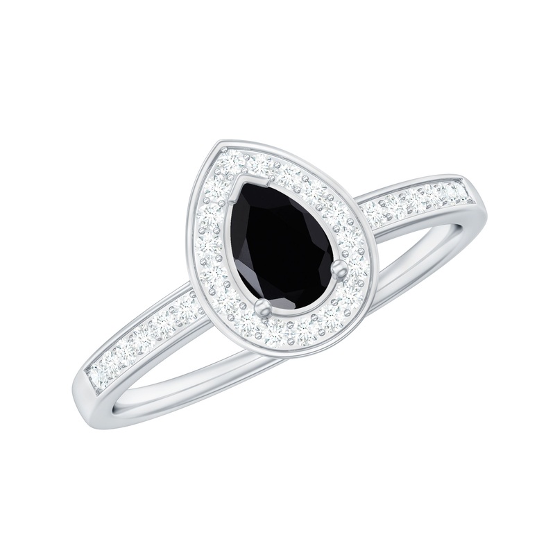 1 CT Pear Cut Black Spinel Classic Engagement Ring with Diamond Halo