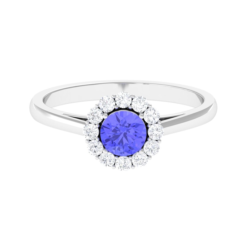 Round Tanzanite and Diamond Halo Engagement Ring