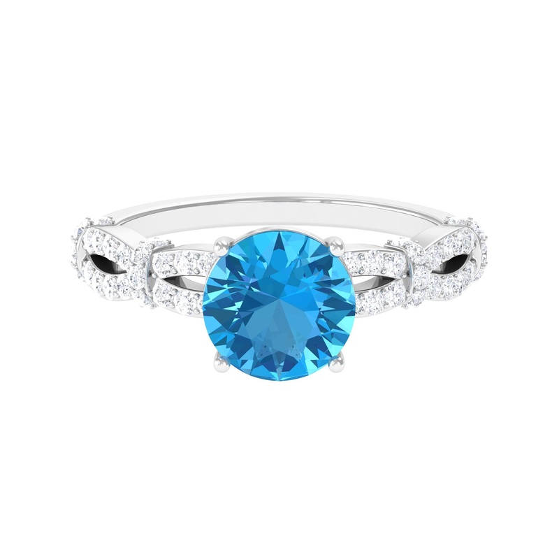 Swiss Blue Topaz and Diamond Solitaire Engagement Ring with Criss Cross Shank