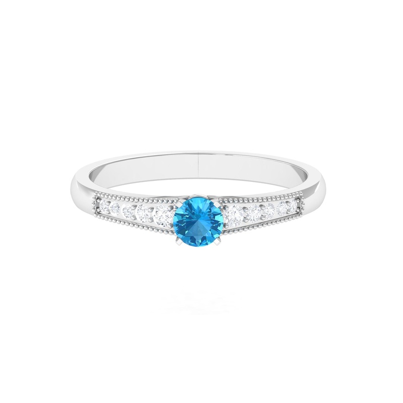 Swiss Blue Topaz Solitaire Ring with Diamond Side Stones
