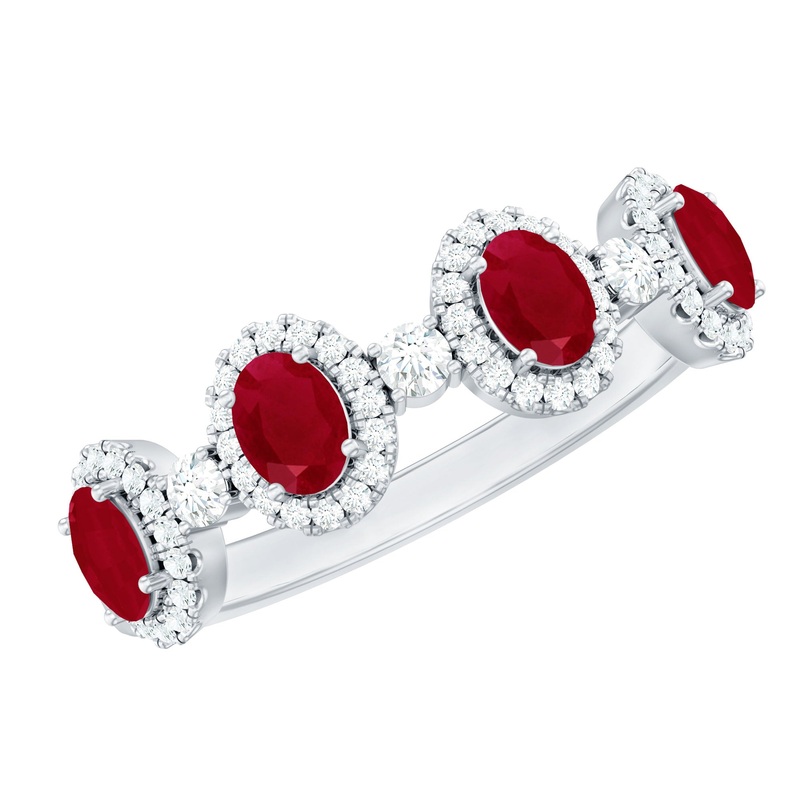 1.25 CT Oval Cut Ruby Anniversary Ring with Diamond Halo