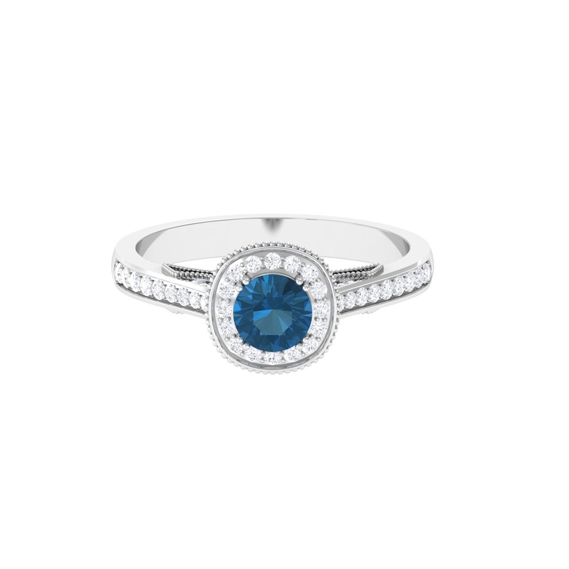 1 CT London Blue Topaz Solitaire with Diamond Vintage Ring