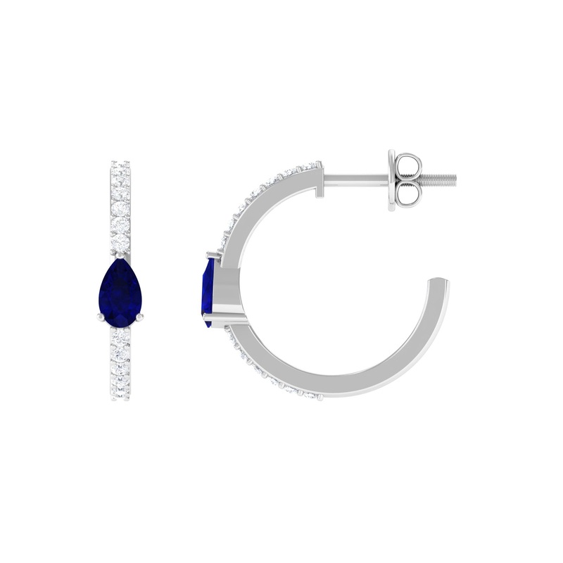 1 CT Pear Cut Blue Sapphire and Diamond Hoop Earrings