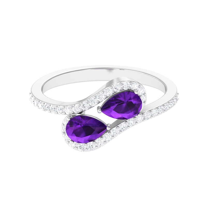 Vintage Inspired Amethyst 2 Stone Bypass Engagement Ring with Diamond