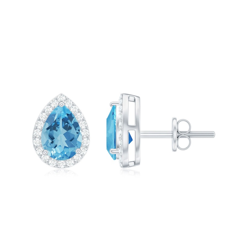 1.50 CT Classic Pear Cut Swiss Blue Topaz and Diamond Stud Earrings