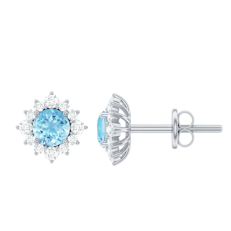 1 CT Classic Aquamarine Stud Earrings with Moissanite Halo