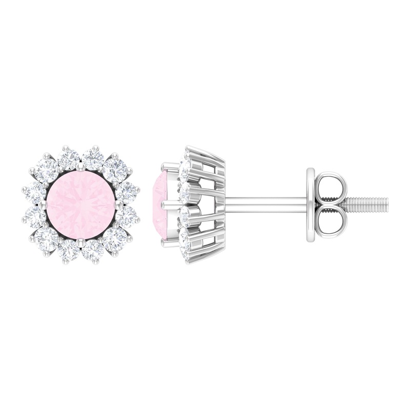 1 CT Classic Rose Quartz and Diamond Halo Stud Earrings
