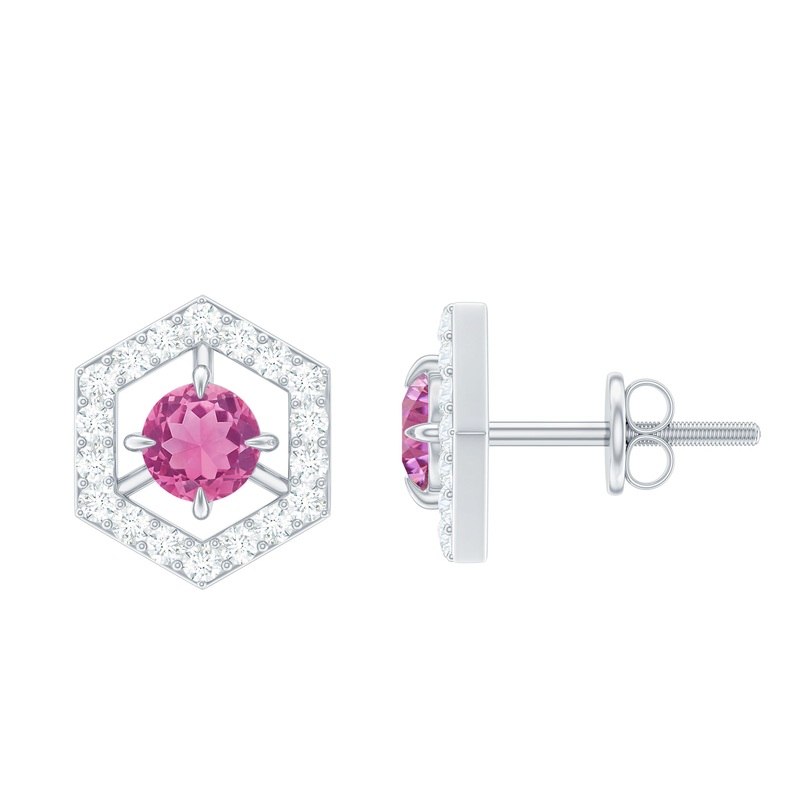 1 CT Minimal Pink Tourmaline and Diamond Geometric Stud Earrings