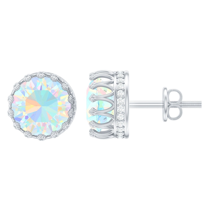 Solitaire Ethiopian Opal and Moissanite Crown Stud Earrings