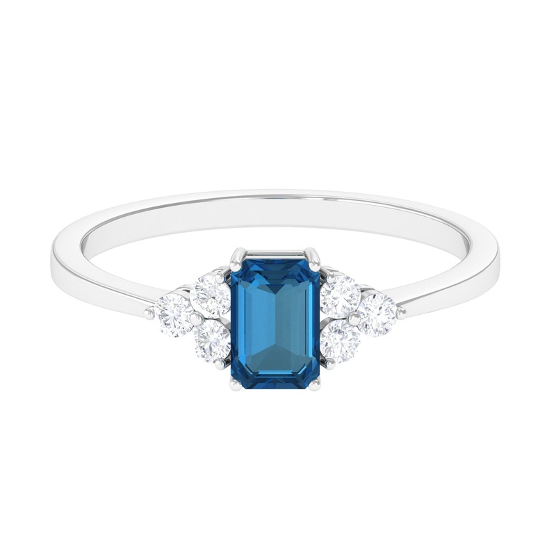 1 CT Emerald Cut London Blue Topaz Solitaire Ring with Diamond Trio
