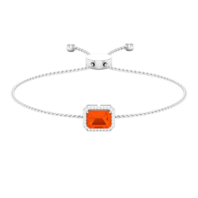 2 CT Emerald Cut Fire Opal and Diamond Bolo Chain Bracelet