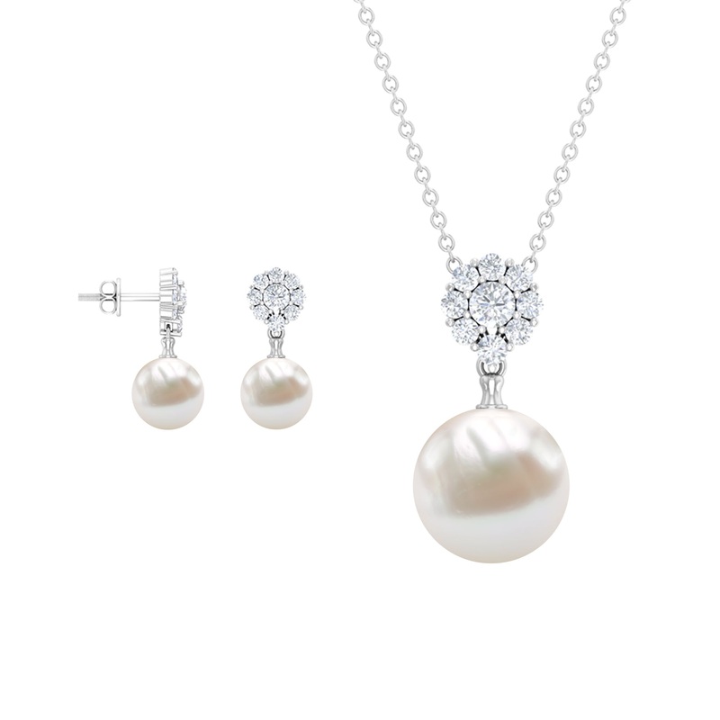 24 CT Moissanite Flower and Freshwater Pearl Drop Jewelry Set